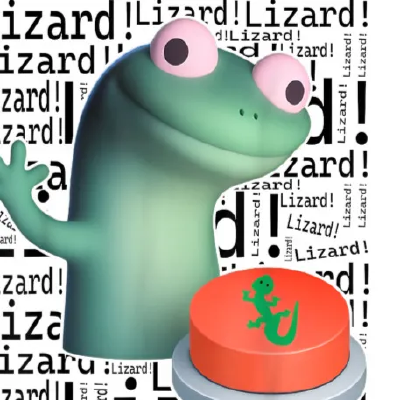 A cartoon lizard hitting a button